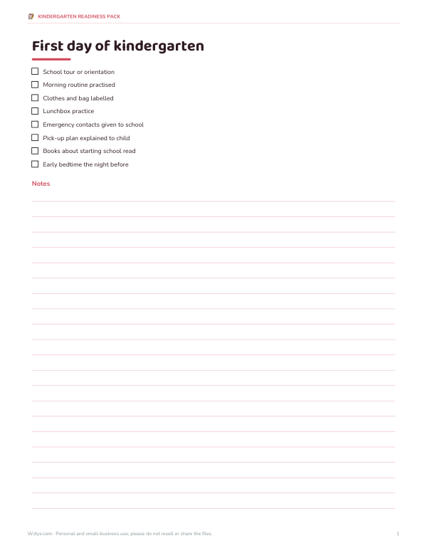 Preview of First Day of Kindergarten Checklist
